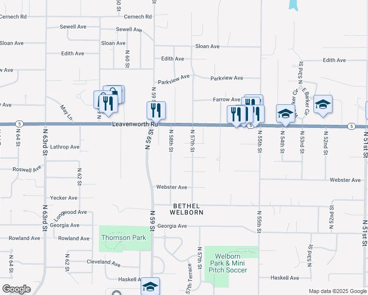 map of restaurants, bars, coffee shops, grocery stores, and more near 2959 North 58th Street in Kansas City