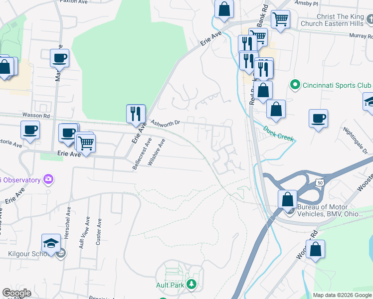 map of restaurants, bars, coffee shops, grocery stores, and more near 3774 Aylesboro Avenue in Cincinnati
