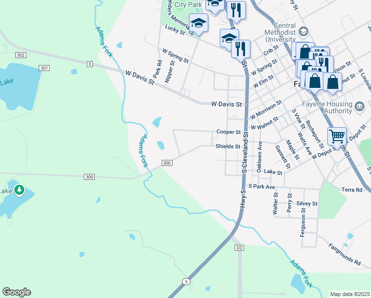 map of restaurants, bars, coffee shops, grocery stores, and more near 300-498 Shields Street in Fayette