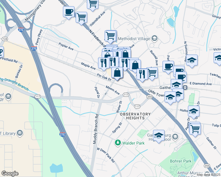 map of restaurants, bars, coffee shops, grocery stores, and more near 101 Chestnut Street in Gaithersburg
