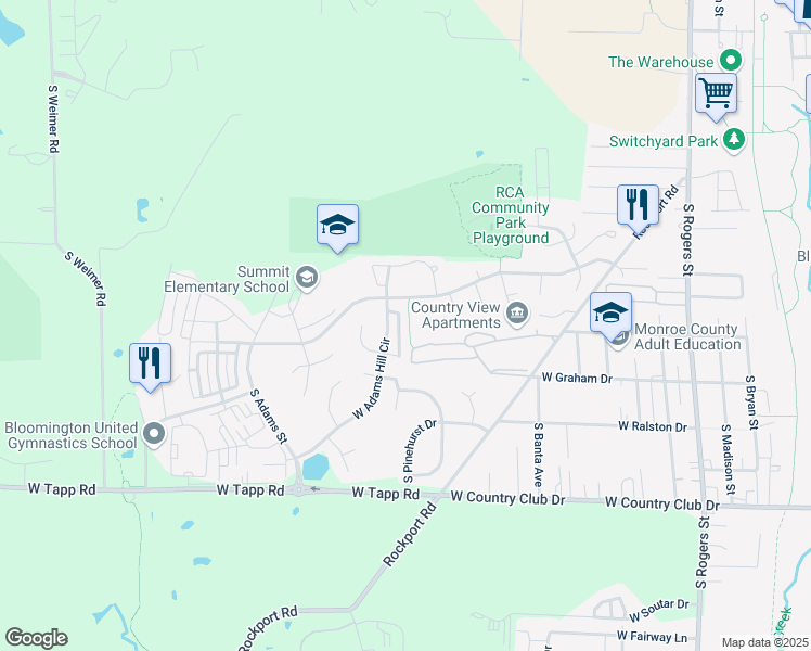 map of restaurants, bars, coffee shops, grocery stores, and more near 2435 South Woolery Mill Drive in Bloomington