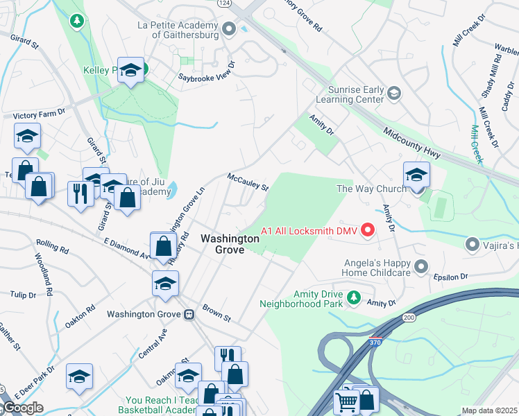 map of restaurants, bars, coffee shops, grocery stores, and more near 409 6th Avenue in Washington Grove