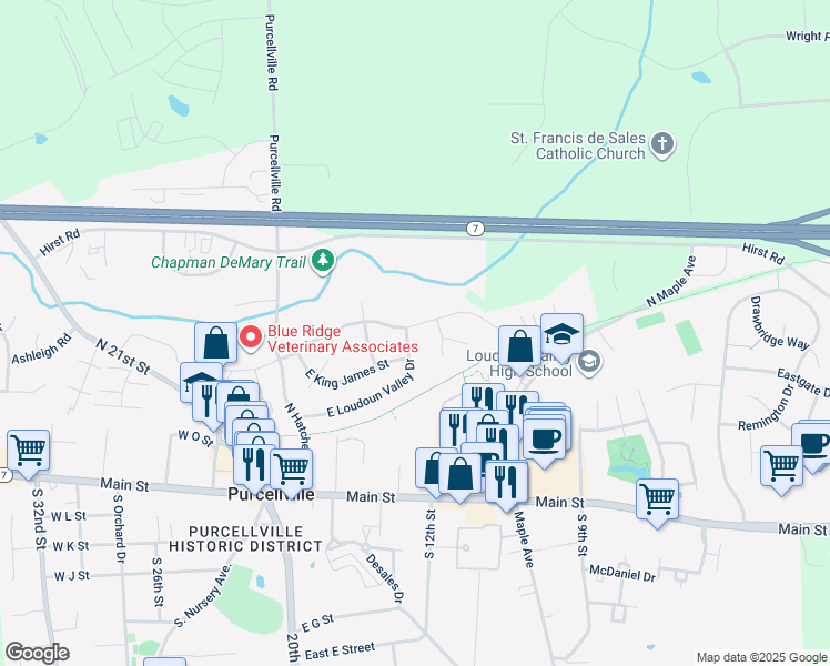 map of restaurants, bars, coffee shops, grocery stores, and more near 446 East Loudoun Valley Drive in Purcellville