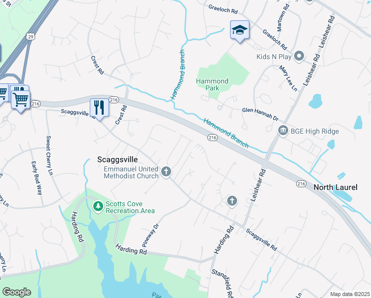 map of restaurants, bars, coffee shops, grocery stores, and more near Hines Circle in Scaggsville