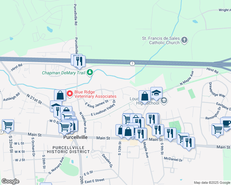 map of restaurants, bars, coffee shops, grocery stores, and more near 446 East Loudoun Valley Drive in Purcellville