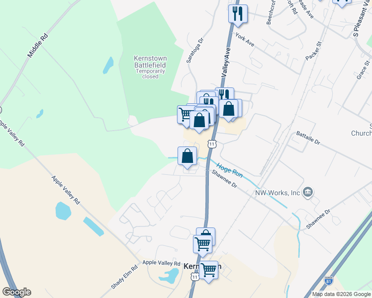 map of restaurants, bars, coffee shops, grocery stores, and more near 118 Creekside Lane in Winchester