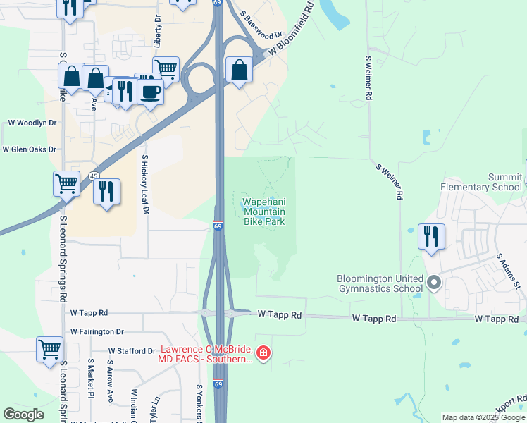 map of restaurants, bars, coffee shops, grocery stores, and more near 3401 West Wapehani Road in Bloomington