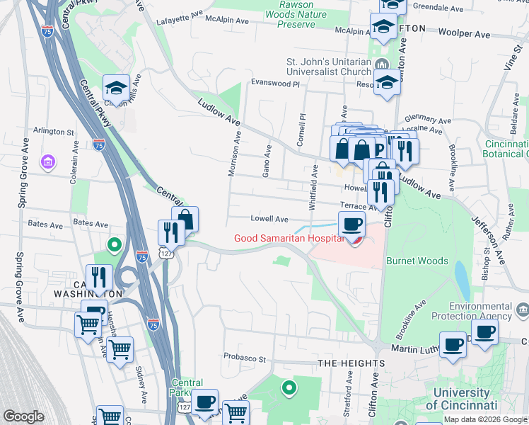 map of restaurants, bars, coffee shops, grocery stores, and more near 558 Lowell Avenue in Cincinnati