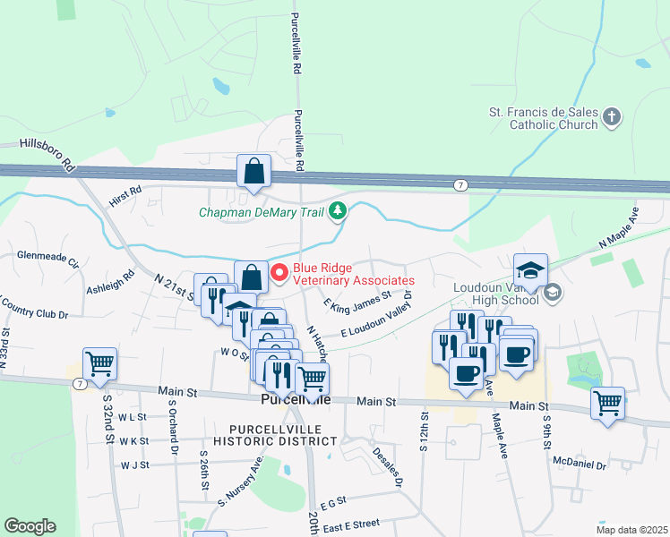 map of restaurants, bars, coffee shops, grocery stores, and more near 221 East Skyline Drive in Purcellville