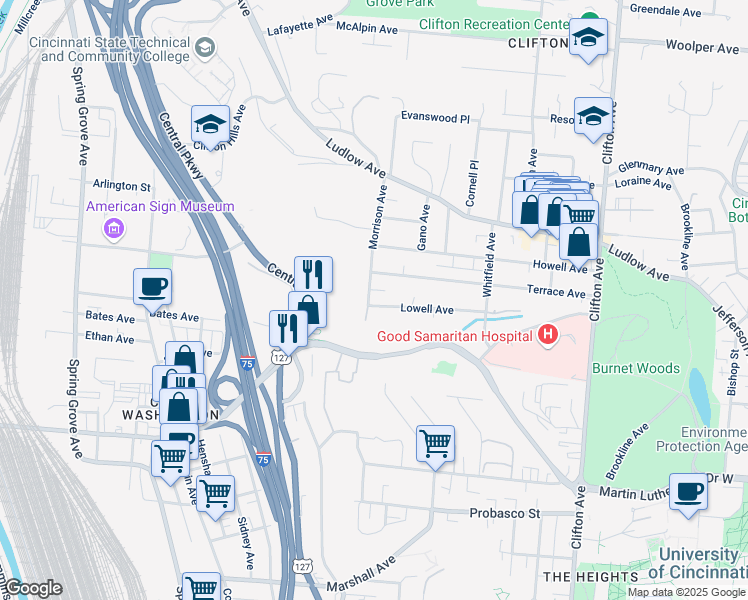 map of restaurants, bars, coffee shops, grocery stores, and more near 596 Lowell Avenue in Cincinnati