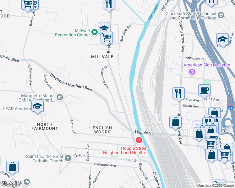 map of restaurants, bars, coffee shops, grocery stores, and more near 3125 Beekman Street in Cincinnati