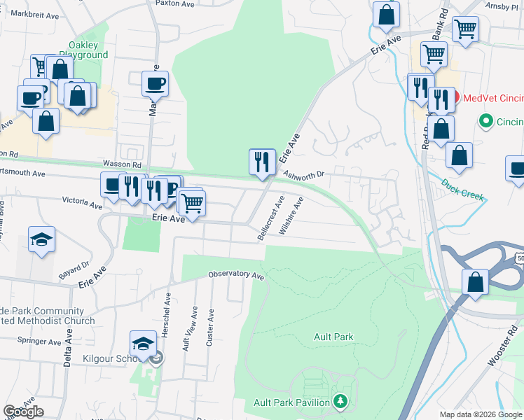 map of restaurants, bars, coffee shops, grocery stores, and more near 3609 Erie Avenue in Cincinnati