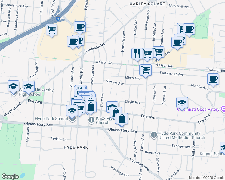 map of restaurants, bars, coffee shops, grocery stores, and more near 3561 Saint Charles Place in Cincinnati