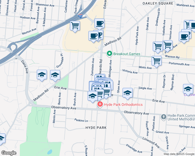 map of restaurants, bars, coffee shops, grocery stores, and more near 3534 Zumstein Avenue in Cincinnati