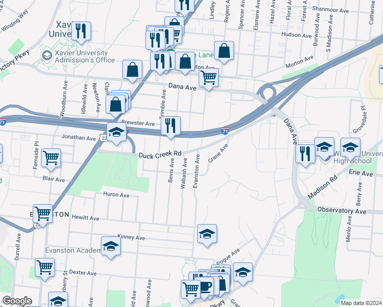 map of restaurants, bars, coffee shops, grocery stores, and more near 3473 Evanston Avenue in Cincinnati
