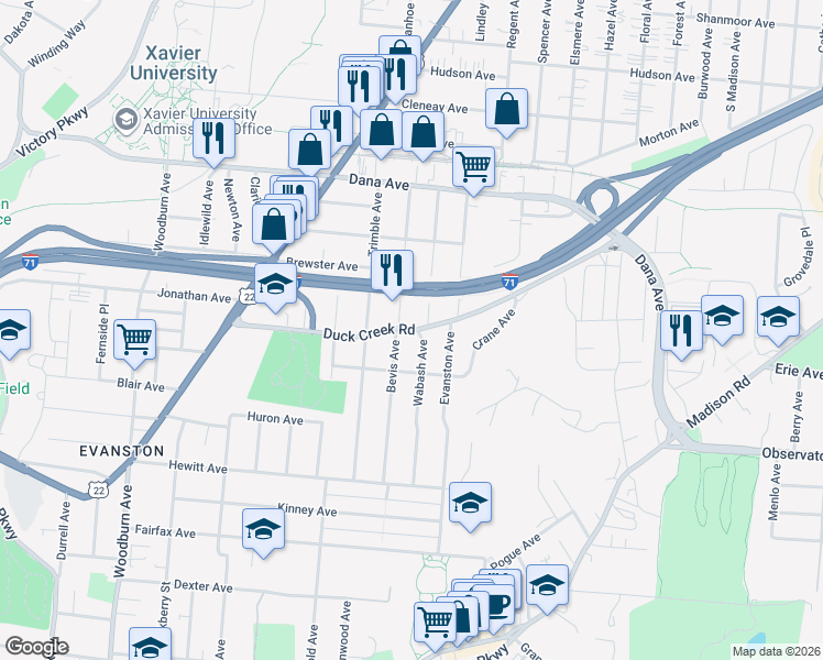 map of restaurants, bars, coffee shops, grocery stores, and more near 3466 Bevis Avenue in Cincinnati