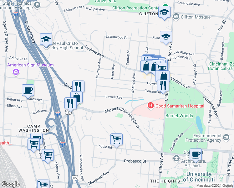 map of restaurants, bars, coffee shops, grocery stores, and more near 551 Lowell Avenue in Cincinnati