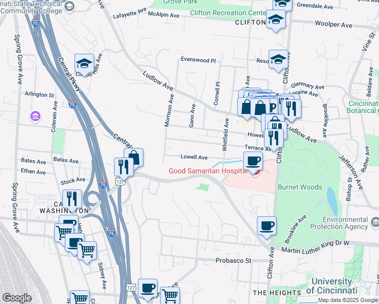 map of restaurants, bars, coffee shops, grocery stores, and more near 551 Lowell Avenue in Cincinnati