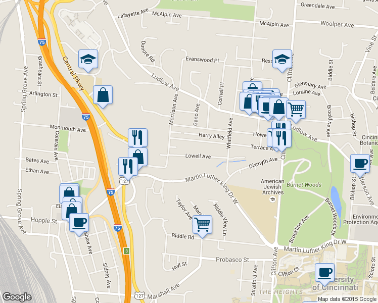 map of restaurants, bars, coffee shops, grocery stores, and more near 571 Lowell Avenue in Cincinnati