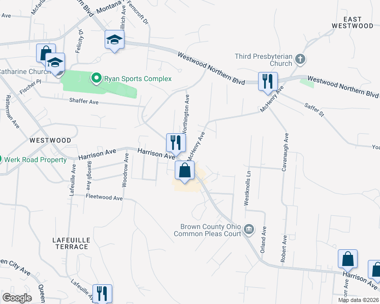 map of restaurants, bars, coffee shops, grocery stores, and more near 2429 Harrison Avenue in Cincinnati