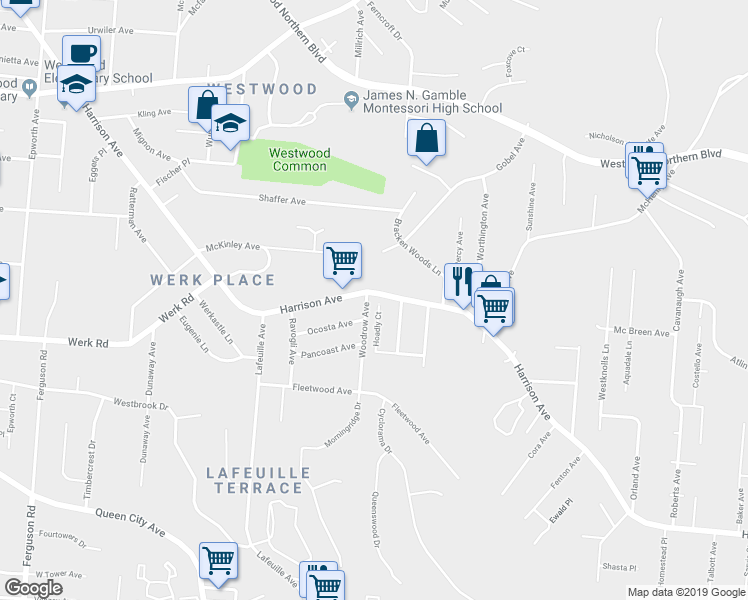 map of restaurants, bars, coffee shops, grocery stores, and more near 2936 Hoadly Court in Cincinnati