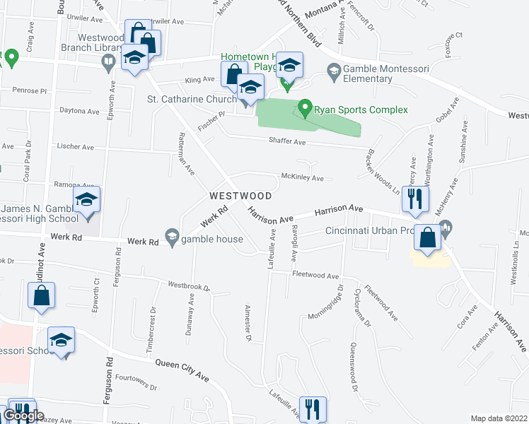 map of restaurants, bars, coffee shops, grocery stores, and more near 2723 Harrison Avenue in Cincinnati