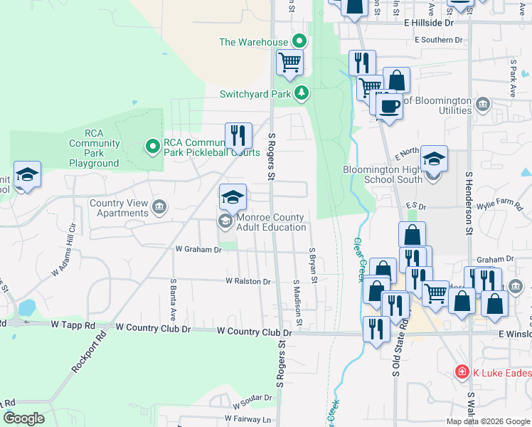 map of restaurants, bars, coffee shops, grocery stores, and more near 2408 South Rogers Street in Bloomington