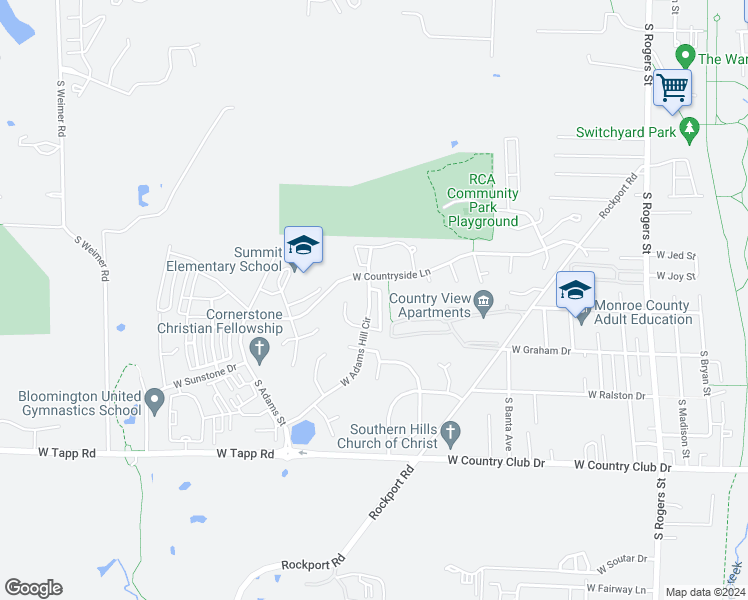map of restaurants, bars, coffee shops, grocery stores, and more near 2435 South Woolery Mill Drive in Bloomington