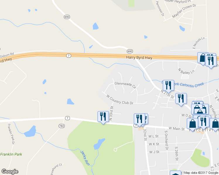 map of restaurants, bars, coffee shops, grocery stores, and more near 601 Glenmeade Circle in Purcellville