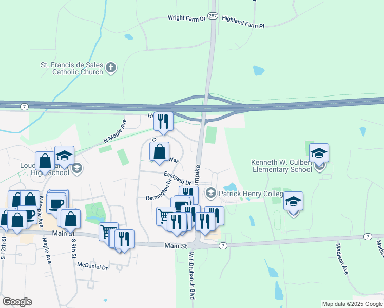 map of restaurants, bars, coffee shops, grocery stores, and more near 1250 Hirst Road in Purcellville