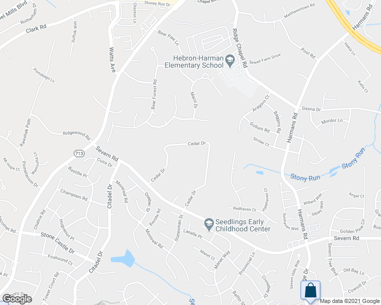 map of restaurants, bars, coffee shops, grocery stores, and more near 1853 Cedar Drive in Severn