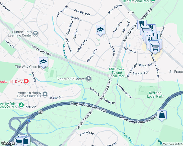 map of restaurants, bars, coffee shops, grocery stores, and more near 7545 Tarpley Drive in Rockville
