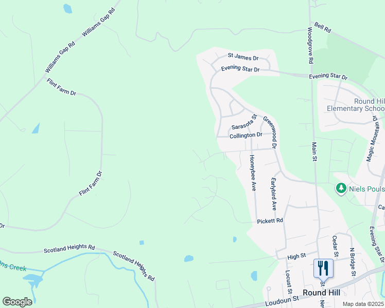 map of restaurants, bars, coffee shops, grocery stores, and more near 35444 Lee Drive in Round Hill