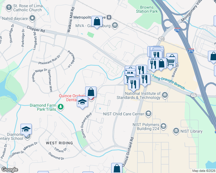 map of restaurants, bars, coffee shops, grocery stores, and more near 710 Quince Orchard Boulevard in Gaithersburg