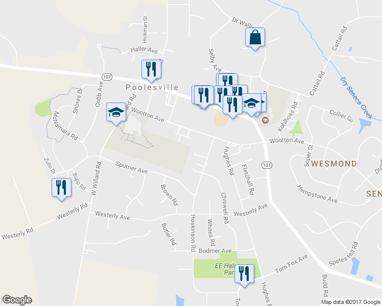 map of restaurants, bars, coffee shops, grocery stores, and more near 17442 Hoskinson Road in Poolesville
