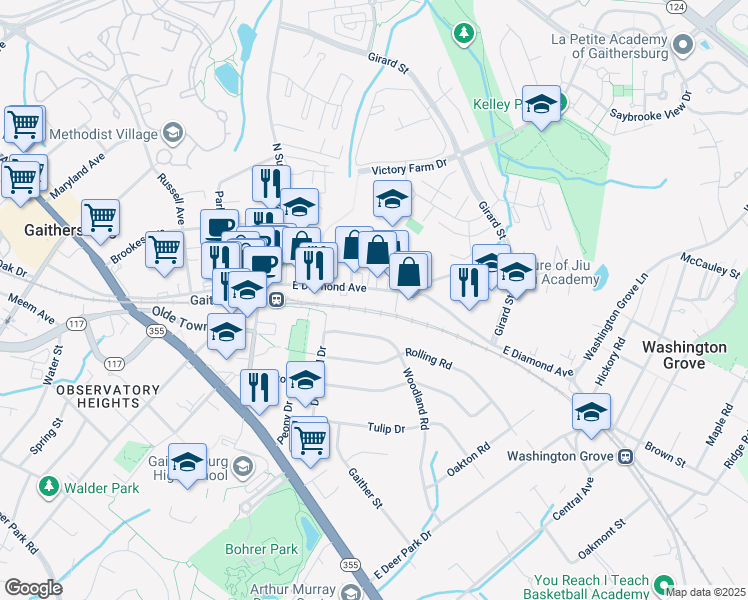 map of restaurants, bars, coffee shops, grocery stores, and more near 419 East Diamond Avenue in Gaithersburg
