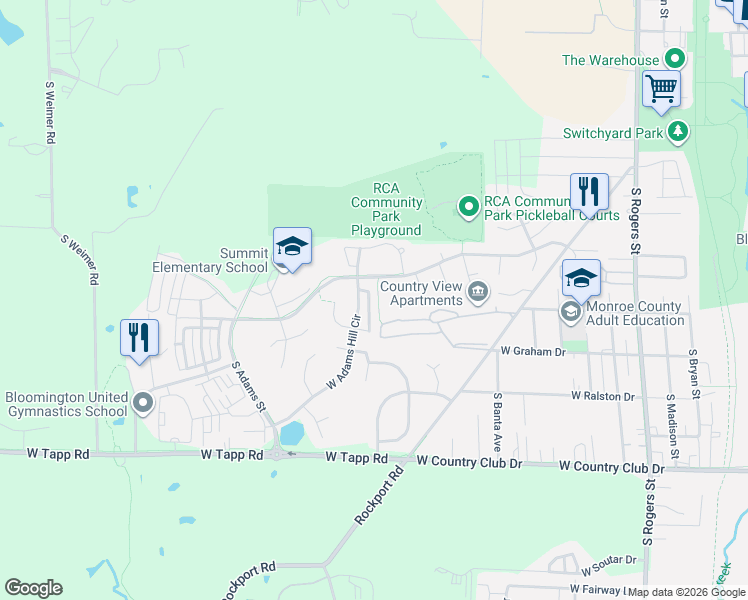 map of restaurants, bars, coffee shops, grocery stores, and more near 2435 South Woolery Mill Drive in Bloomington