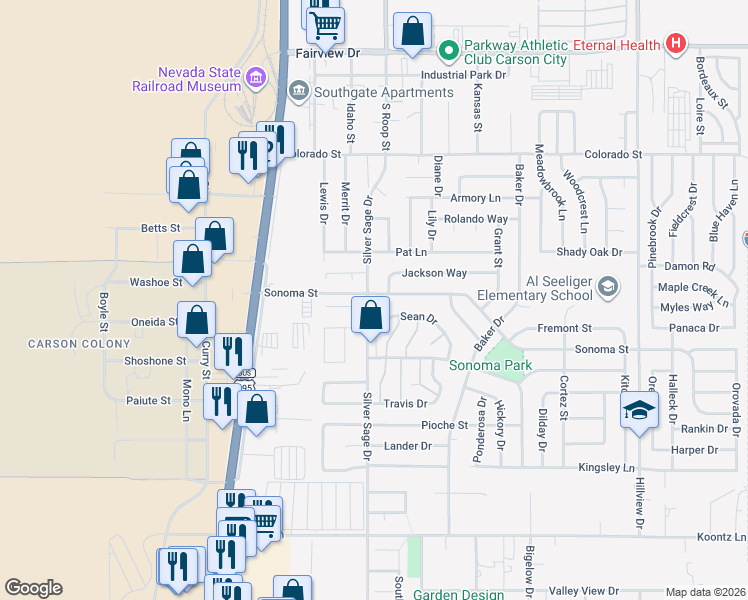 map of restaurants, bars, coffee shops, grocery stores, and more near 516 Sean Drive in Carson City