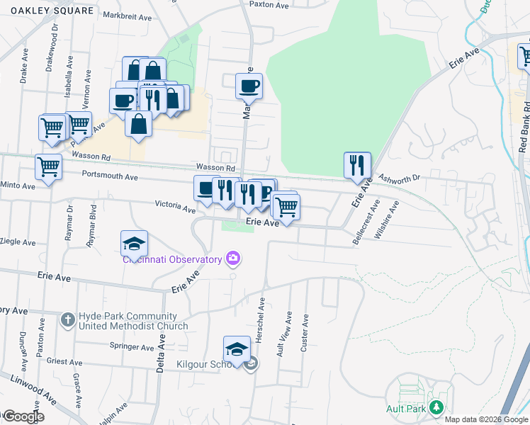 map of restaurants, bars, coffee shops, grocery stores, and more near 3417 Erie Avenue in Cincinnati