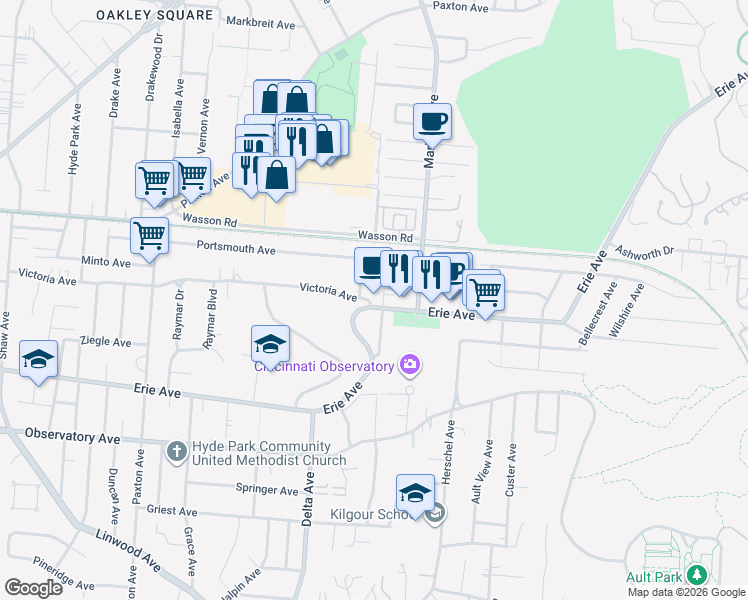 map of restaurants, bars, coffee shops, grocery stores, and more near 3295 Erie Avenue in Cincinnati