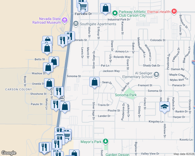 map of restaurants, bars, coffee shops, grocery stores, and more near 516 Sean Drive in Carson City