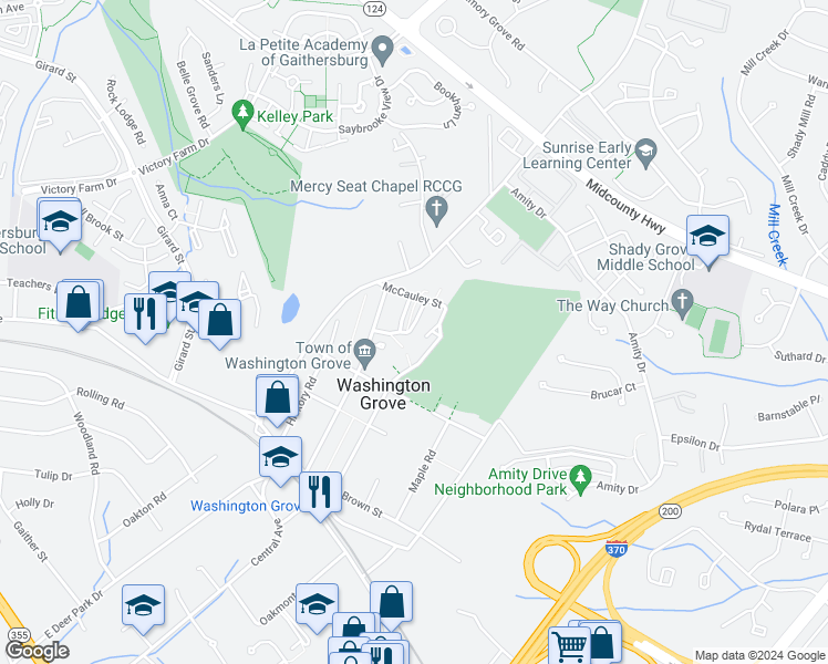 map of restaurants, bars, coffee shops, grocery stores, and more near 404 5th Avenue in Washington Grove