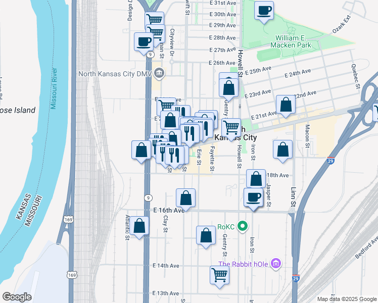 map of restaurants, bars, coffee shops, grocery stores, and more near 1856-1872 Erie St in North Kansas City