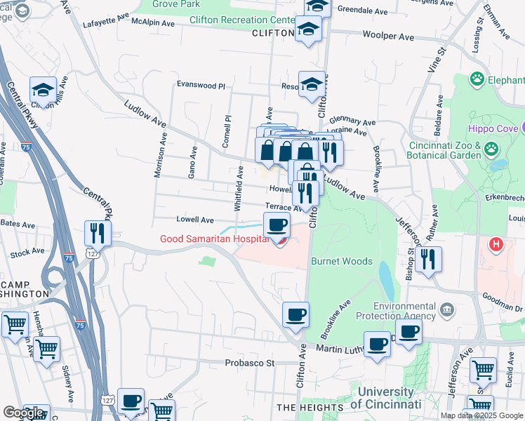 map of restaurants, bars, coffee shops, grocery stores, and more near 450 Dixmyth Avenue in Cincinnati