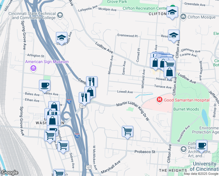 map of restaurants, bars, coffee shops, grocery stores, and more near 605 Lowell Avenue in Cincinnati
