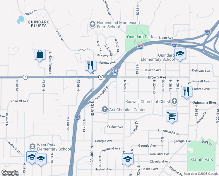 map of restaurants, bars, coffee shops, grocery stores, and more near 2960 North 36th Street in Kansas City