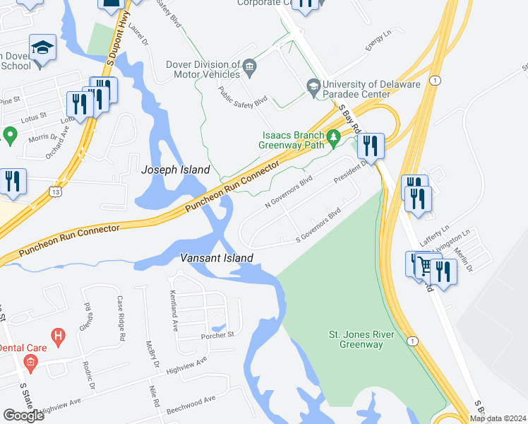 map of restaurants, bars, coffee shops, grocery stores, and more near 216 North Governor Boulevard in Dover