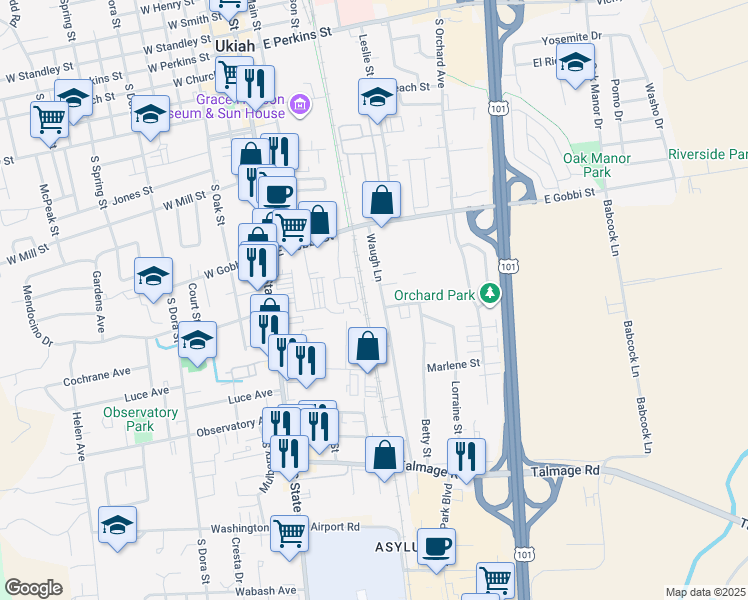 map of restaurants, bars, coffee shops, grocery stores, and more near 771 Apple Avenue in Ukiah