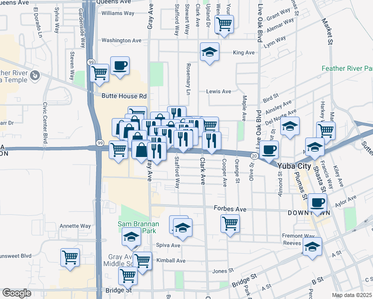 map of restaurants, bars, coffee shops, grocery stores, and more near 840 Ellis Way in Yuba City