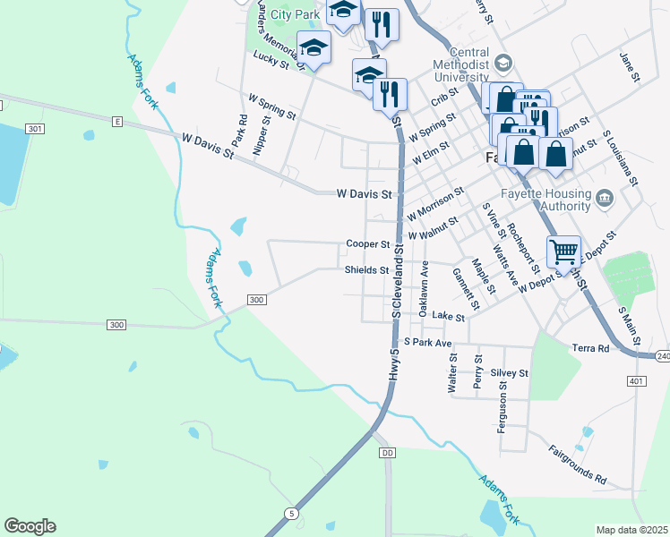 map of restaurants, bars, coffee shops, grocery stores, and more near 300 Shields Street in Fayette